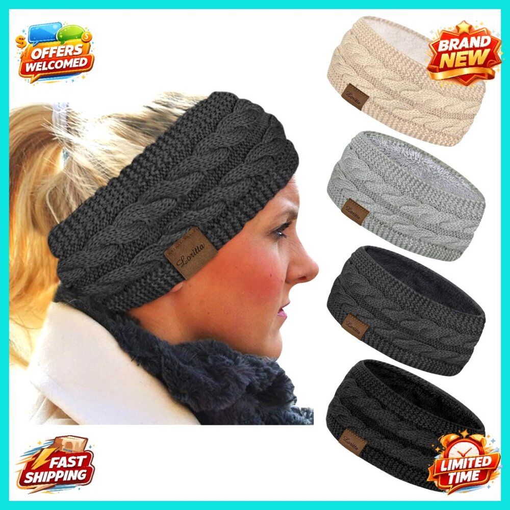 4 Pack Fleece Lined Winter Headbands Warm Cable Knit Ear Warmer Women